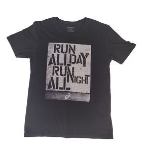 ASICS T Shirt Mens Small Black Run All Day Run All Night Graphic Athletic